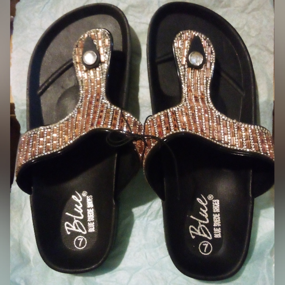 Blue Blue Suede Shoes Rhinestone Sandals Flip Flops Size Seven 7